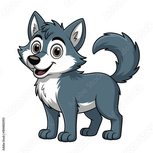 A charming cartoon illustration of a gray wolf pup with big eyes