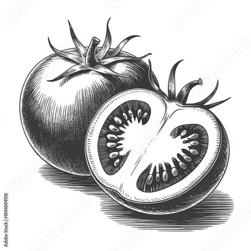 Detailed illustration of a whole tomato and a halved tomato with seeds