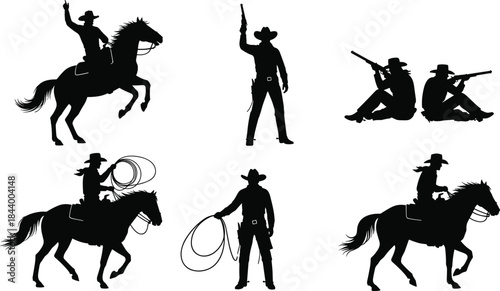 Wild West Cowboy and Cowgirl Silhouettes Vector Illustration Set, Horse Riding, Roping, Shooting with Revolvers and Rifles, Western Outlaw Theme, Isolated Black Graphics.