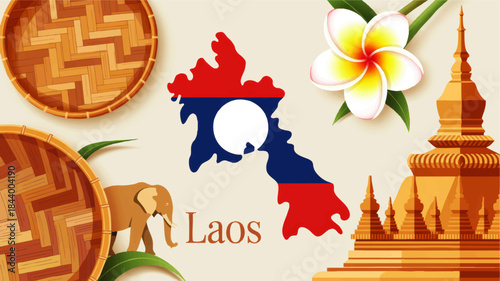 Laos culture travel background with flag map, That Luang temple, frangipani flower, elephant and bamboo basket illustration