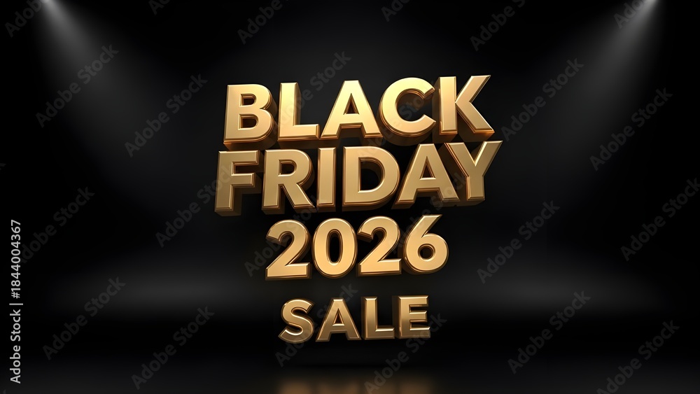 Obraz premium Golden 3D Render of 'BLACK FRIDAY 2026 SALE' Text with Spotlights on Dark Background
