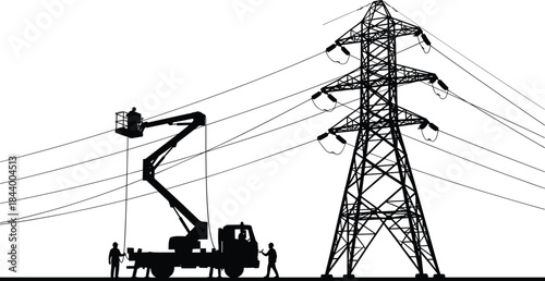 Silhouette of utility bucket truck crew servicing high voltage transmission tower, electrical maintenance on overhead power lines, energy infrastructure vector illustration
