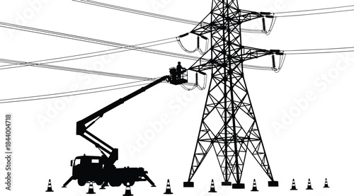 Silhouette of utility bucket truck lineman working on high voltage transmission tower, electrical maintenance on overhead power lines, energy infrastructure vector illustration
