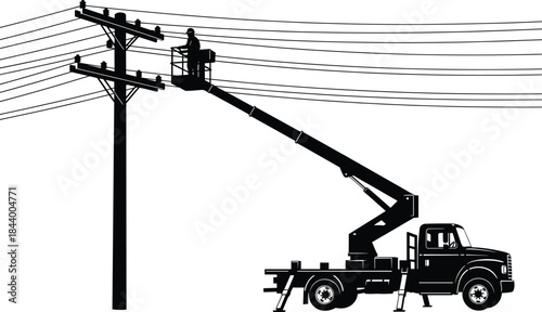 Silhouette of utility bucket truck lineman working on power lines, electrical maintenance on overhead transmission pole, energy infrastructure vector illustration