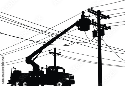 Silhouette of utility truck lineman repairing power lines, electrical workers on bucket lift, overhead transmission infrastructure vector illustration, industry safety concept