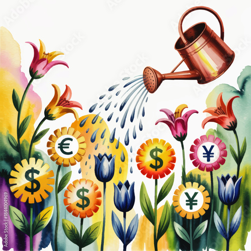 Watering Money Flowers Illustration for Global Investment Growth, Financial Success and International Currency Wealth Concept