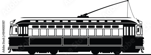 Vintage electric tram illustration, classic city streetcar silhouette with overhead pantograph, retro urban public transport design, black and white vector artwork for transportation themes