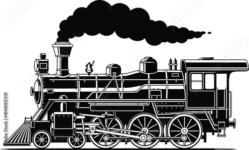 Vintage steam locomotive silhouette with smoke, classic railway engine vector illustration for transportation history, industrial heritage, retro travel, and traditional train design concepts