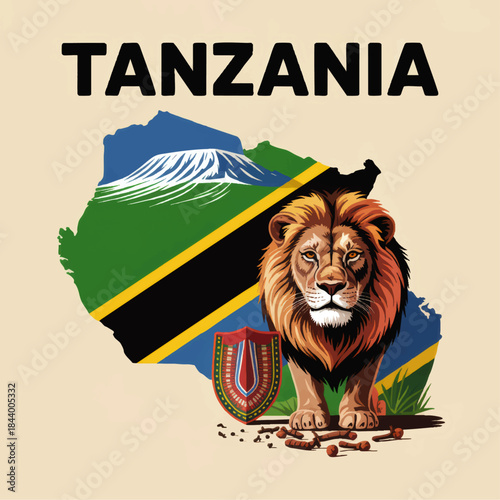 Tanzania safari lion illustration with national flag map, Mount Kilimanjaro landscape and tribal shield, African wildlife travel art