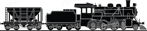 Vintage steam locomotive with coal tender and freight wagon silhouette, classic railway transportation vector illustration for industrial history and retro train design projects