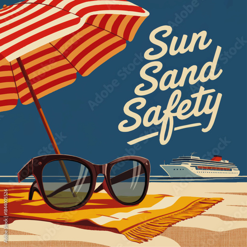 Retro beach safety poster with sunglasses, striped umbrella and cruise ship on sunny vacation coast, summer travel illustration