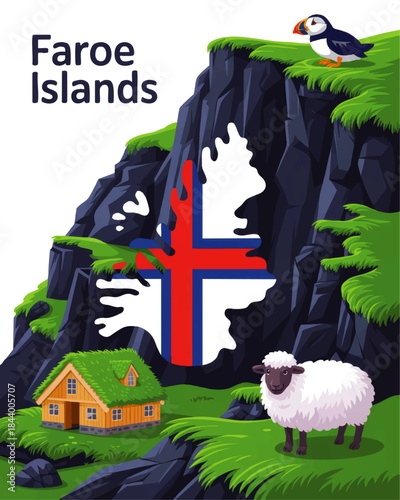 Faroe Islands landscape illustration with cliffs, puffin, sheep, turf house and national flag silhouette travel poster design
