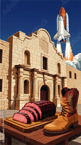 Surreal Texas illustration with Alamo mission, cowboy boot, sliced barbecue brisket and space shuttle launch in blue sky