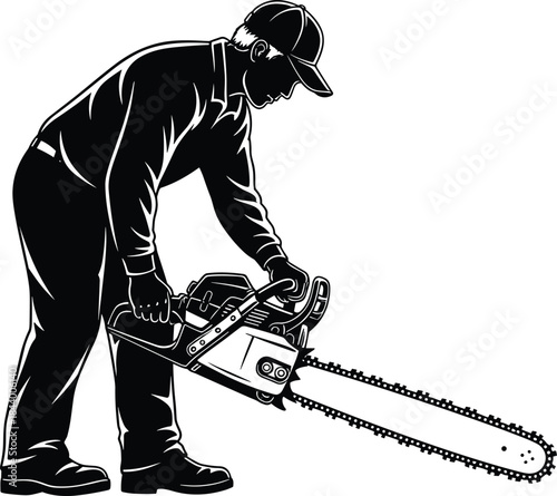 Professional arborist or lumberjack preparing to use a powerful chainsaw, black and white vector illustration of a man with logging equipment for firewood and forestry, simple silhouette design.