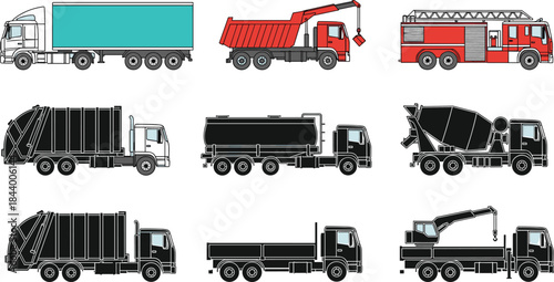 Collection of heavy-duty trucks including cargo, dump, fire engine, garbage truck, tanker, cement mixer and crane vehicle for industrial transport illustrations