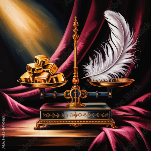 Vintage balance scale weighing gold bars and white feather, luxury justice concept illustration on dramatic red drapery background