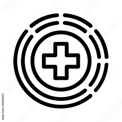 Medical logo design with plus symbol in concentric circles. Suitable for healthcare, medical, and pharmaceutical industries. Ideal for branding materials.
