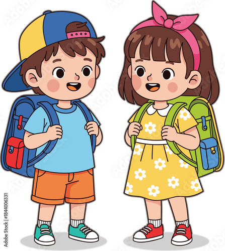 Cute cartoon boy and girl characters standing together with colorful backpacks, ready to go to school or kindergarten