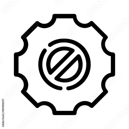 Gear icon with a crossed out circle depicts disabled feature or item. Suitable for design related to restrictions or prohibitions.

