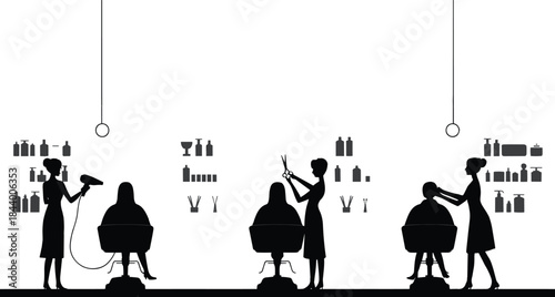 Professional beauty salon silhouette vector scene featuring hairstylists working with clients, haircut, blow-drying and grooming activities displayed with shelves of tools and products