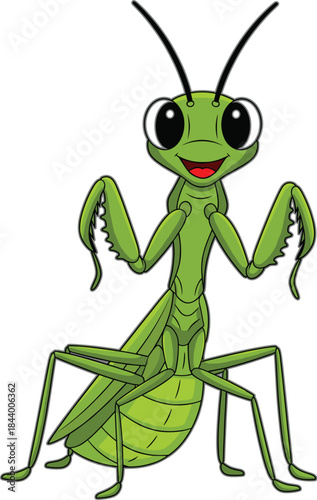 Cute and cheerful green praying mantis cartoon character standing with a happy smile,