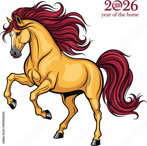 Powerful and rearing golden-yellow horse illustration with flowing deep magenta mane and tail, symbolizing the Chinese New Year 2026