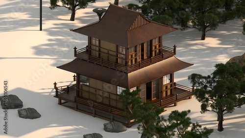 Traditional Japanese House Interior with Tatami Mats and Shoji Doors