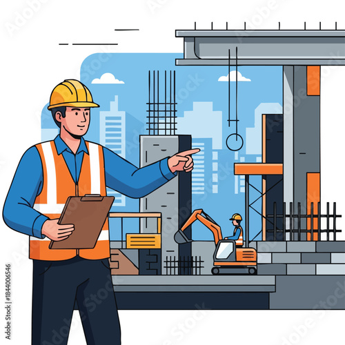 Blueprint of Dedication: A focused engineer, donned in safety gear, directs his team amidst a bustling construction site.