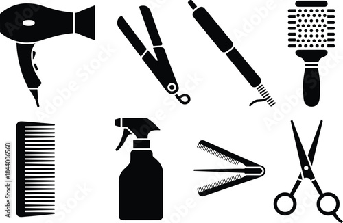 Professional hairdressing tools collection in black silhouette, vector illustration featuring essential salon equipment, styling accessories, haircut instruments 