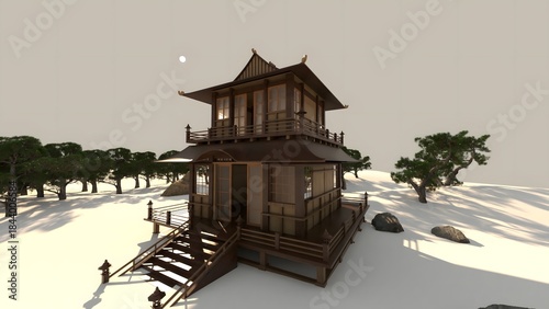 Traditional Japanese House Interior with Tatami Mats and Shoji Doors