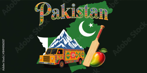 Colorful Pakistan cultural illustration with truck art, cricket bat, mango, mountains and flag on dark green map background