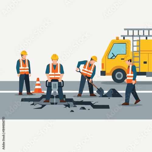 Road workers repairing pothole with utility truck.