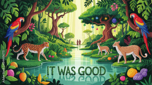 Lush paradise garden with wild animals and tropical river, Adam and Eve silhouettes, vibrant fantasy nature illustration