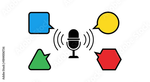 podcast microphone icon with colorful speech bubbles and abstract shapes on white background representing audio communication and dialogue