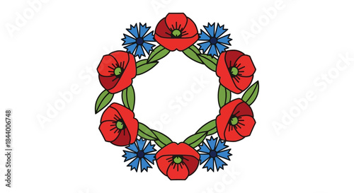 poppy and cornflower wreath illustration red and blue floral design symbolizing remembrance patriotism decorative art.