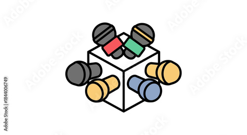 podcast microphones surrounding cube icon colorful flat vector illustration for audio streaming interview media show branding