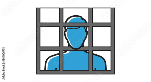 prisoner behind jail bars minimal line icon blue inmate silhouette in prison cell grid concept for crime punishment and detention law