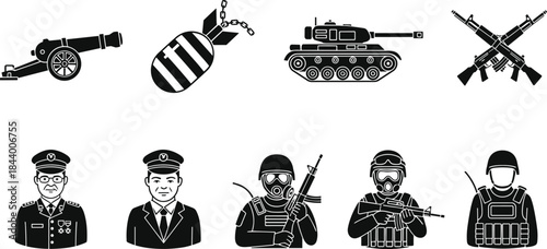 Military equipment and soldier illustration set featuring weapons, tank, bomb and army personnel icons for defense, war and security design projects
