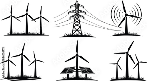 Renewable energy and power transmission silhouettes set, wind turbines, solar panels, and electricity pylons vector illustration for sustainable energy, infrastructure, and clean technology concepts