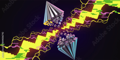 Futuristic abstract 3D prisms with pixel glitch waves, neon cyberpunk geometric background for digital technology and sci fi design