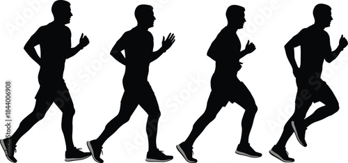 Running man silhouette illustration set showing male jogger in multiple motion poses for fitness, sports training, exercise and athletic design projects