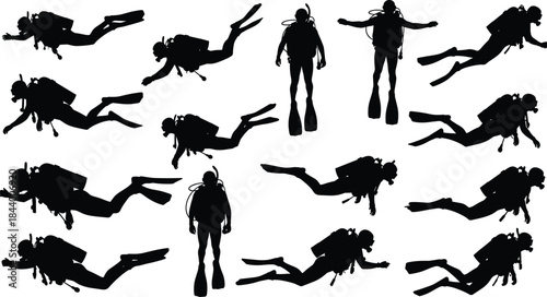 Scuba diver silhouette set collection, underwater swimming diver poses, black vector icons isolated on white background design use