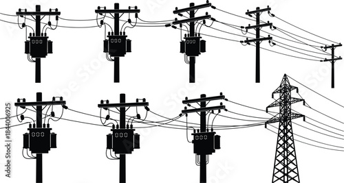 Silhouette collection of electrical utility poles and transformers, power lines and transmission tower, energy infrastructure elements vector illustration for industrial grid design