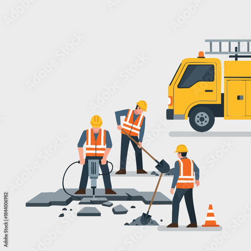 Roadwork crew repairing pothole with utility truck.