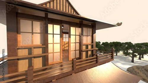 Traditional Japanese House Interior with Tatami Mats and Shoji Doors