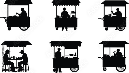 Street food vendor cart silhouettes showing cooking, selling and dining scenes, traditional urban food stall illustration collection for commercial design use