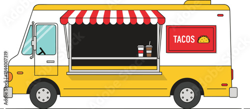 Taco food truck illustration, street food van with awning, mobile restaurant concept, fast food delivery, colorful vector design
