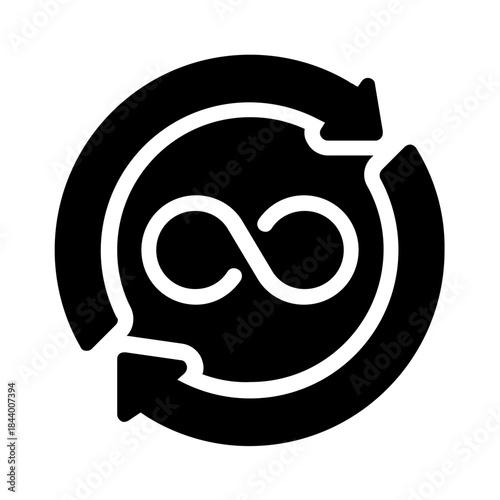 Black infinity symbol in circular arrow shape, ideal for logos, branding, and design elements with a sense of continuity and power.
