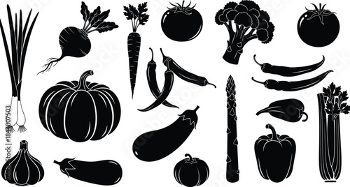 Vegetable silhouette illustration set, black icons, food identification, cooking design, nutrition concept, farming elements, vector art, healthy eating