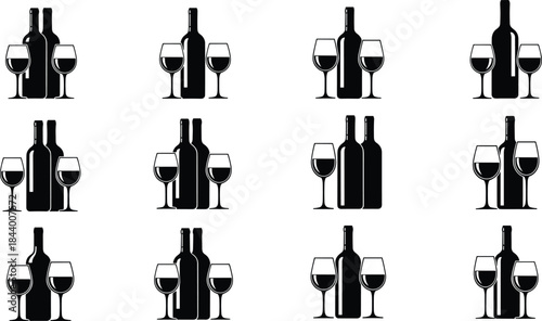 Wine bottle and glass silhouette set, elegant black icons collection for winery, restaurant, alcohol beverage branding design use